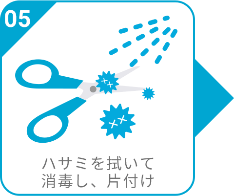 ハサミを拭いて消毒し、片付け